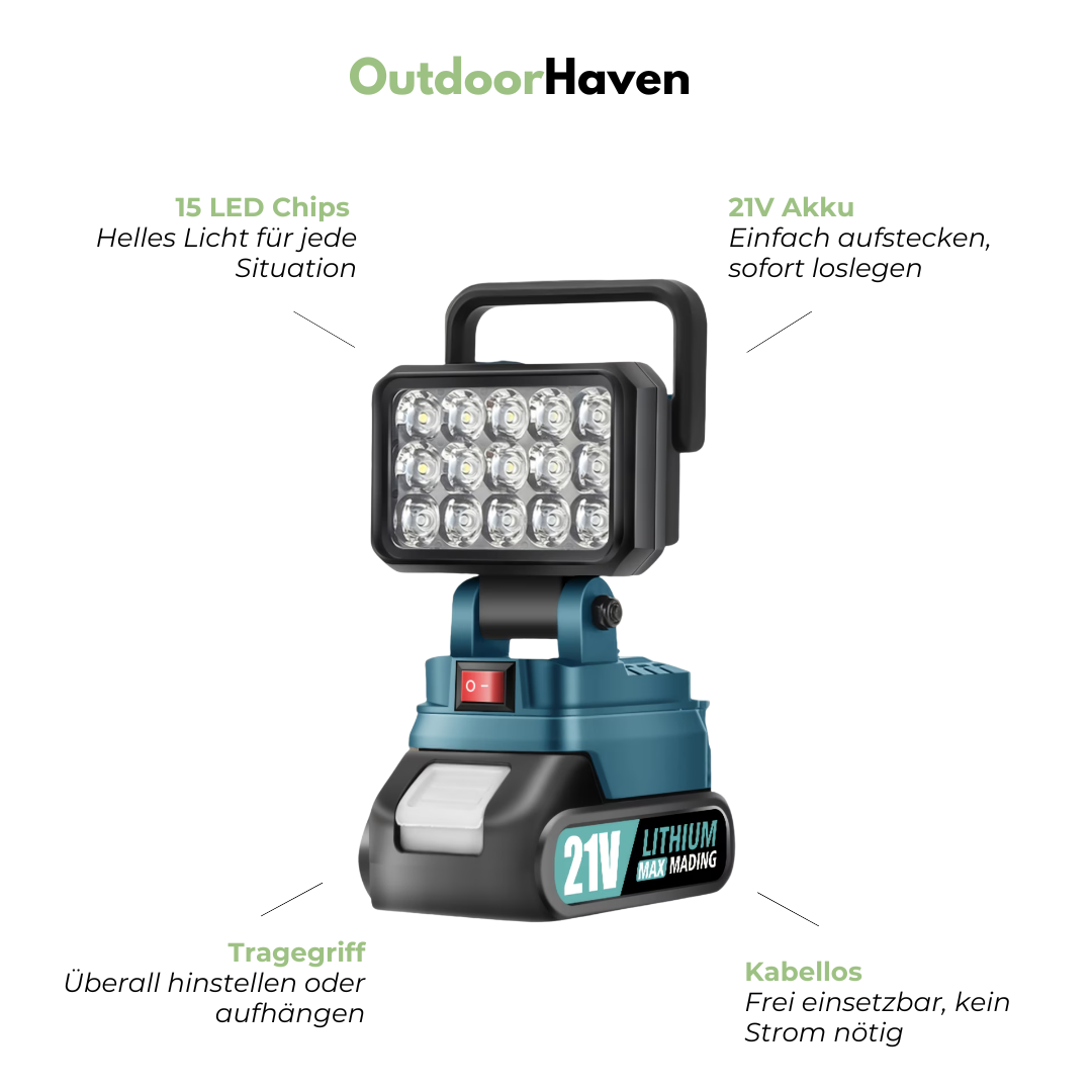 Akku LED Arbeitsleuchte – 21V Campinglampe – Tragbar
