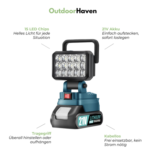Akku LED Arbeitsleuchte – 21V Campinglampe – Tragbar
