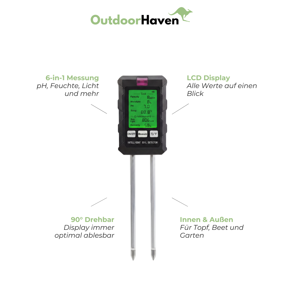 Bodentester 6-in-1 – pH Feuchte Temperatur – LCD