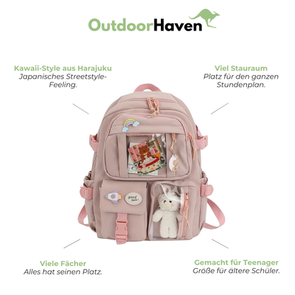 Schulrucksack für Mädchen - transparente Tasche für Anstecker - Kawaii