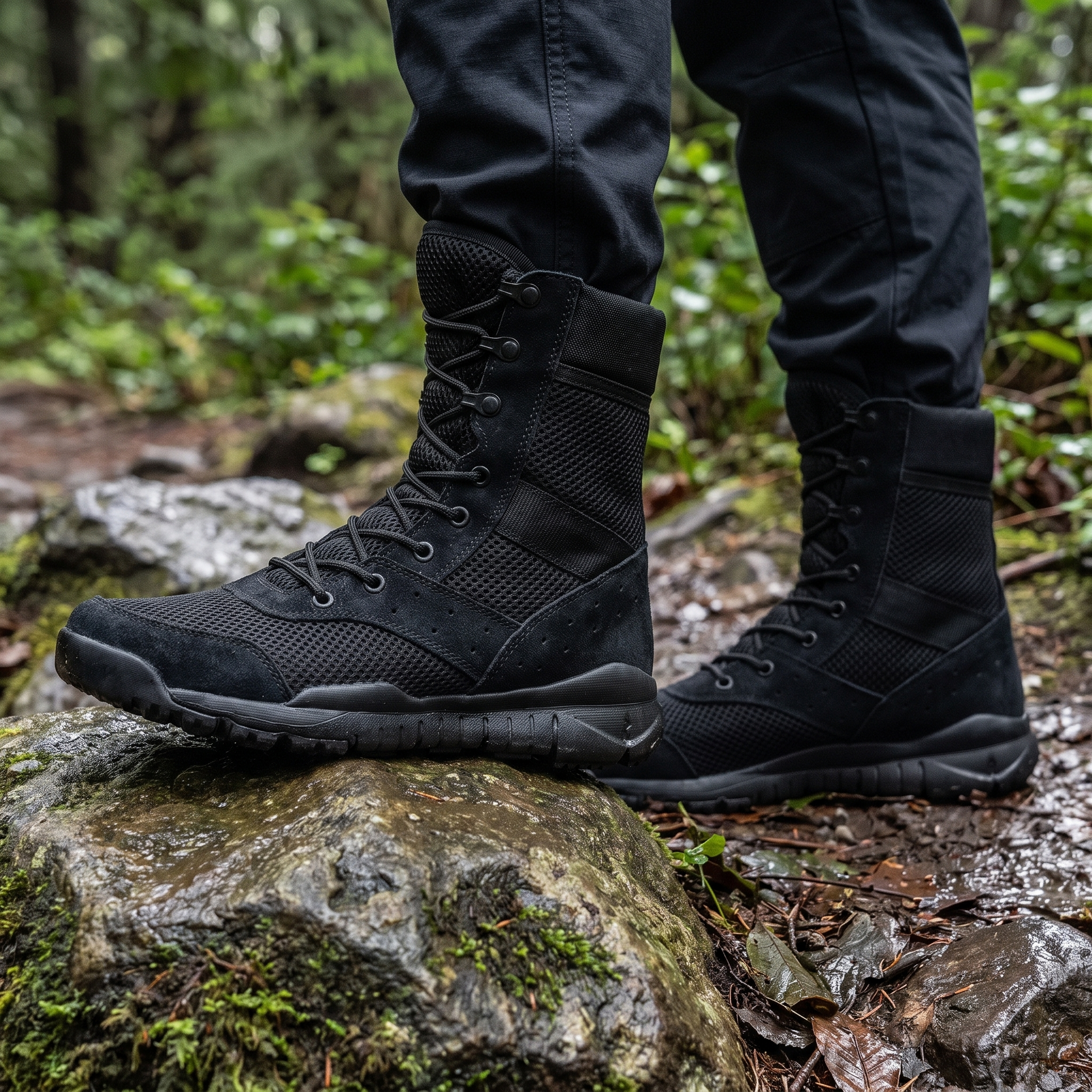 Schwarze taktische Stiefel mit Mesh-Schaft auf nassem Fels im Wald