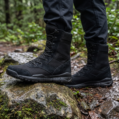 Schwarze taktische Stiefel mit Mesh-Schaft auf nassem Fels im Wald