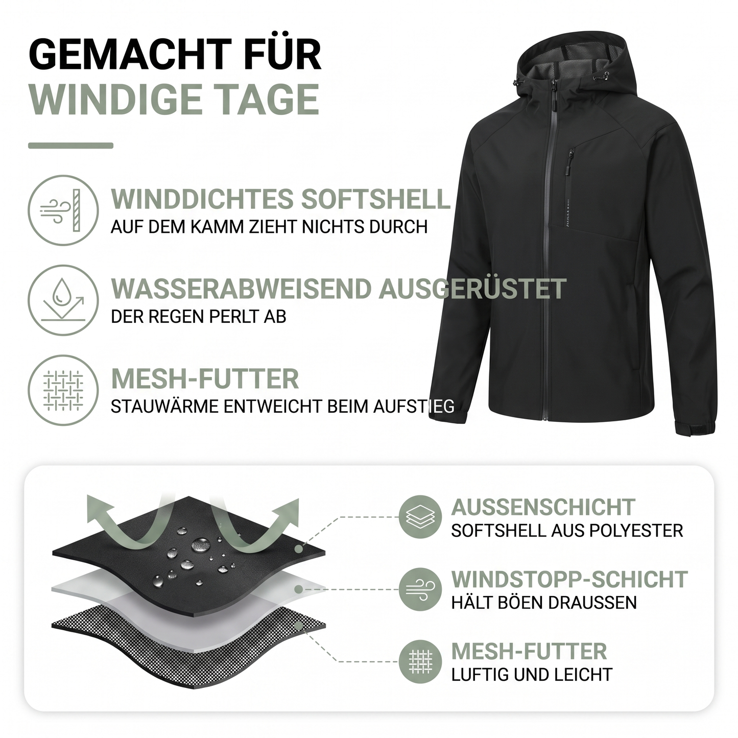Übergangsjacke Unisex - Softshell mit Kapuze - Wasserabweisend