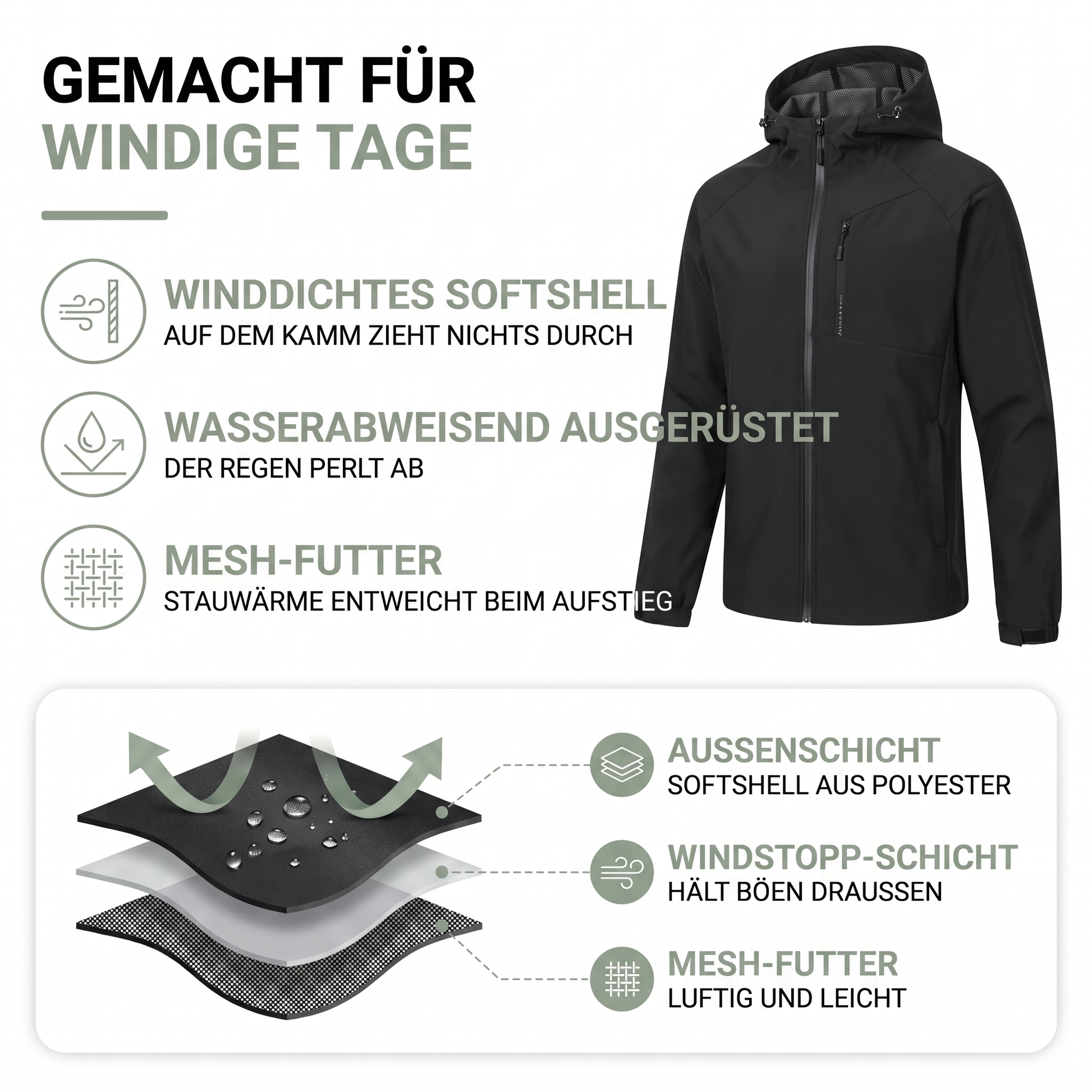 Übergangsjacke Unisex - Softshell mit Kapuze - Wasserabweisend