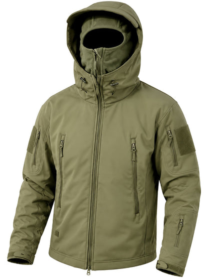 Olivgrüne Softshelljacke mit Kapuze und integrierter Sturmhaube, Vorderansicht