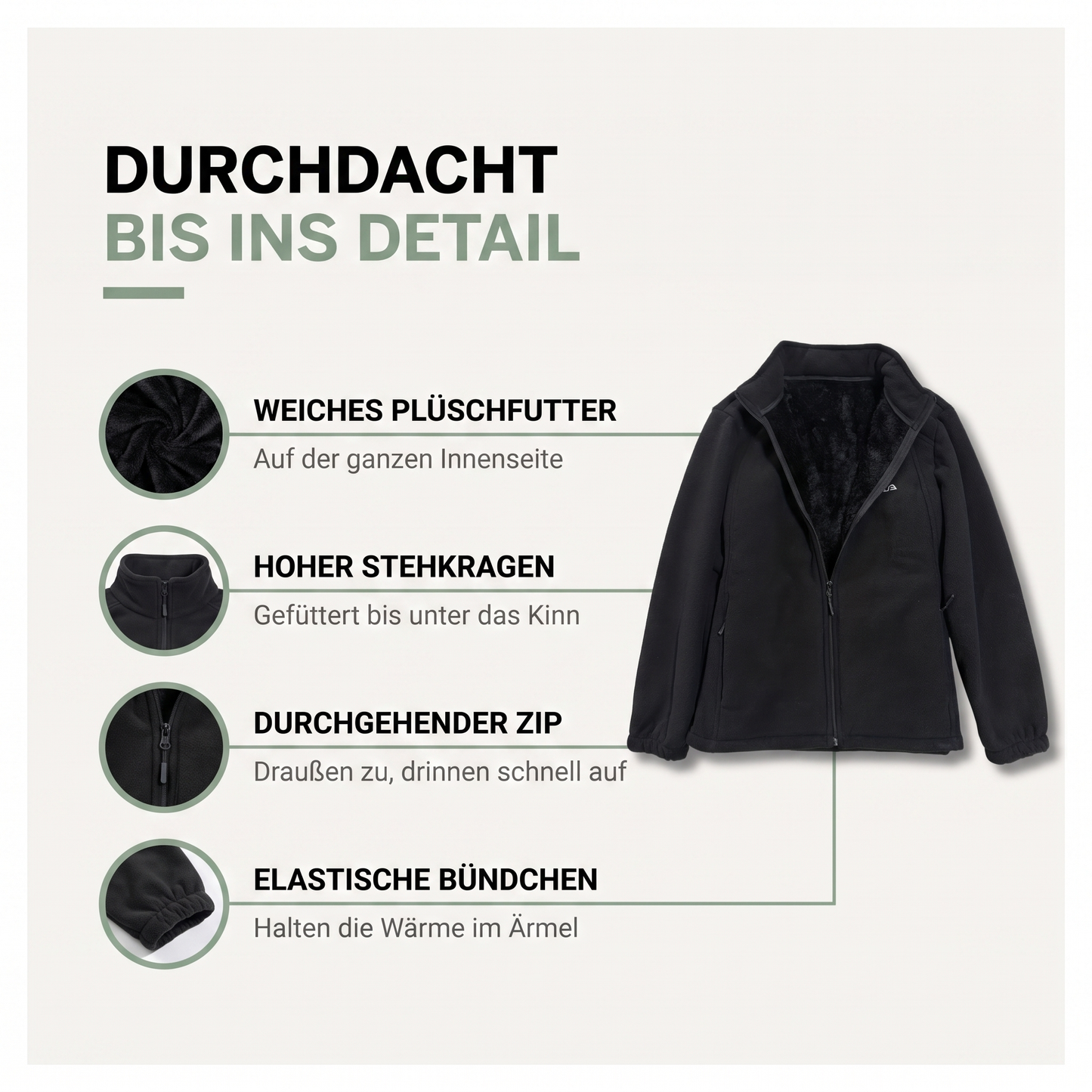 Fleecejacke Damen gefüttert - Weiches Plüschfutter - Stehkragen mit Reißverschluss