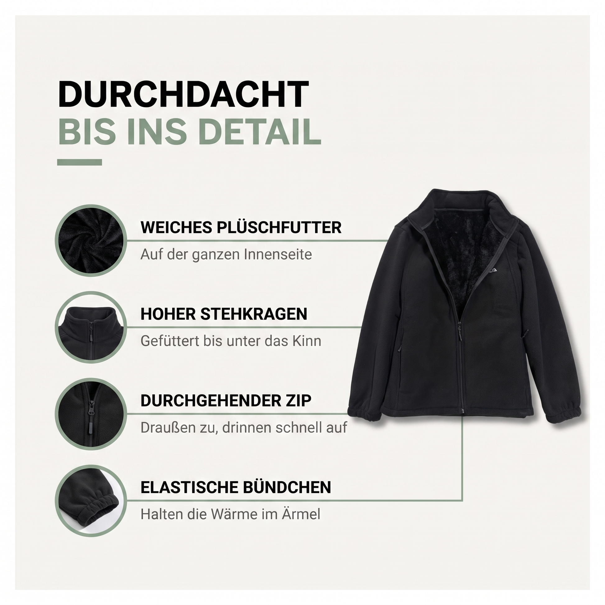 Fleecejacke Damen gefüttert - Weiches Plüschfutter - Stehkragen mit Reißverschluss
