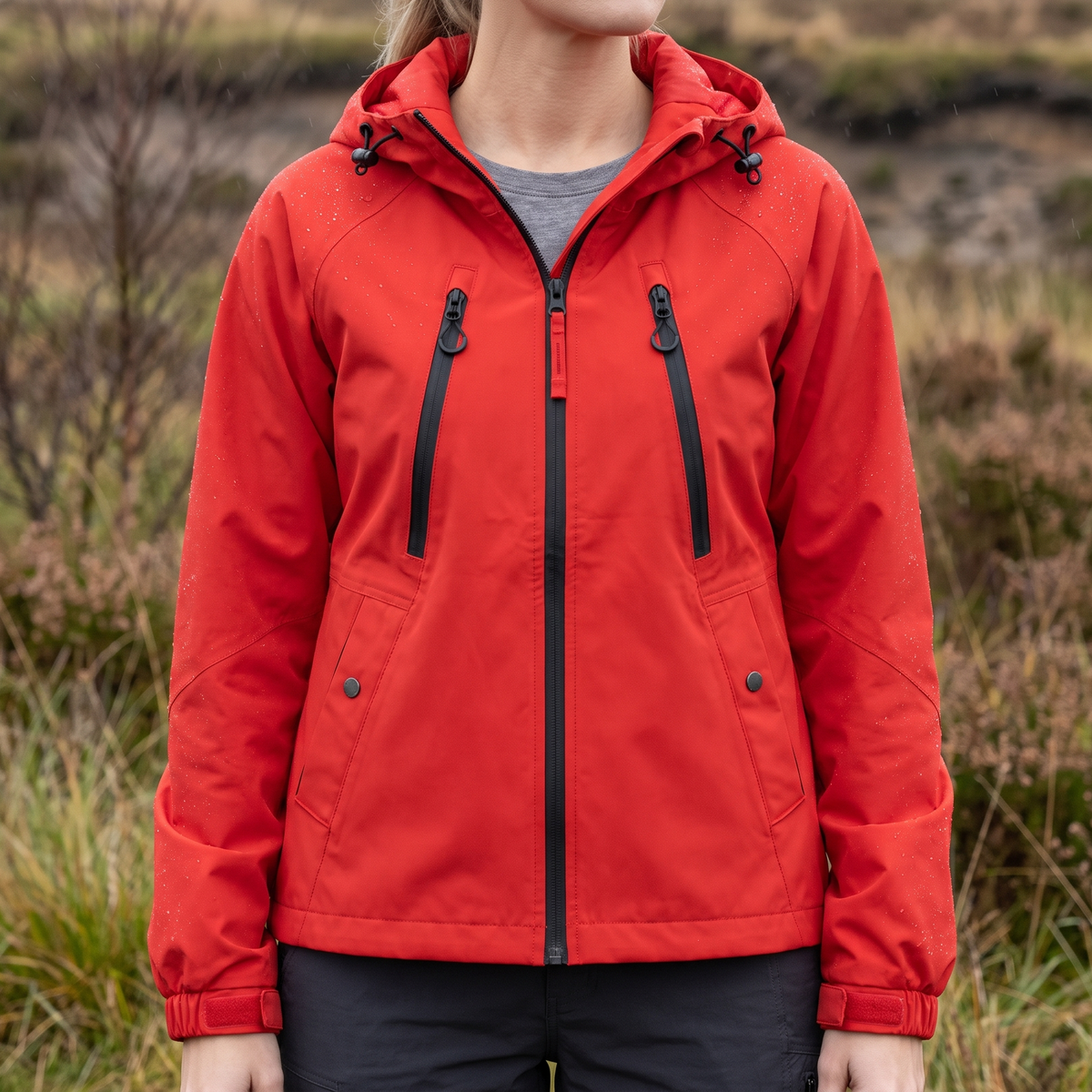 3-in-1 Jacke Damen in Rot beim Wandern in der Heide bei feinem Nieselregen