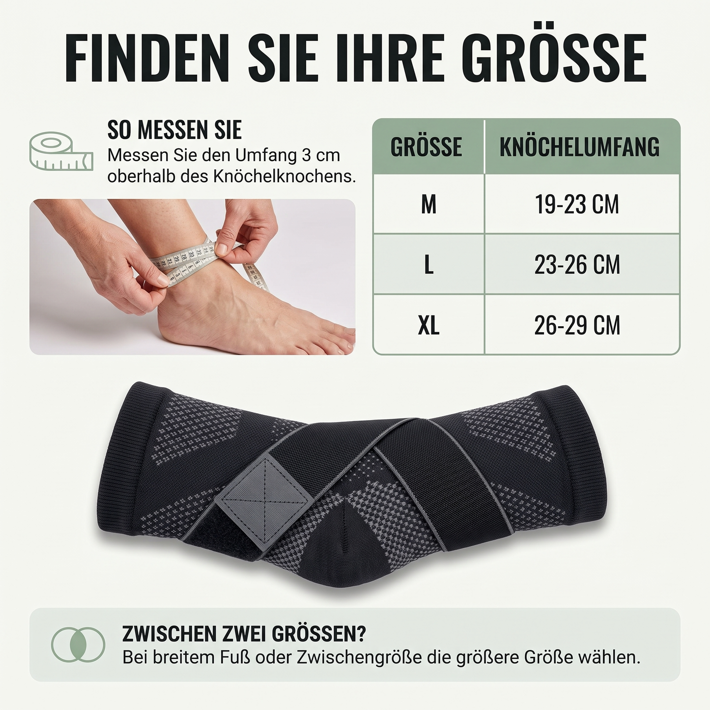 Sprunggelenkbandage - Verstellbarer Kompressionsriemen - Atmungsaktives Strickgewebe - Groessentabelle und Anwendung