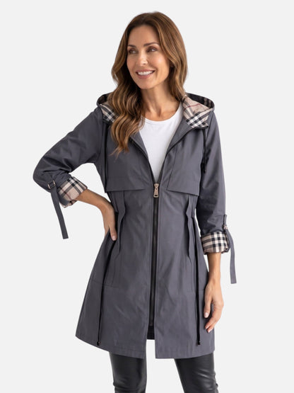 Übergangsjacke Damen mit Kapuze - Parka mit Karo-Futter - Tunnelzug