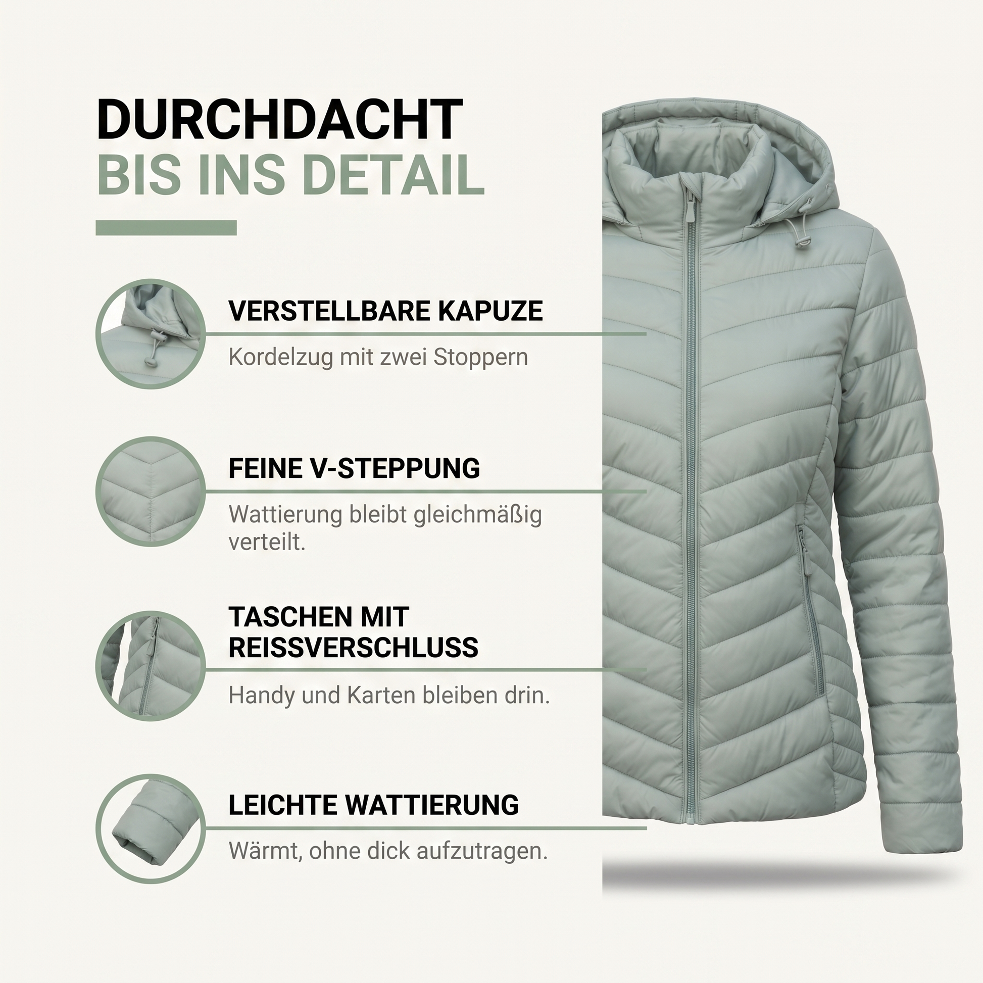Steppjacke Damen - Verstellbare Kapuze - Leicht Wattiert