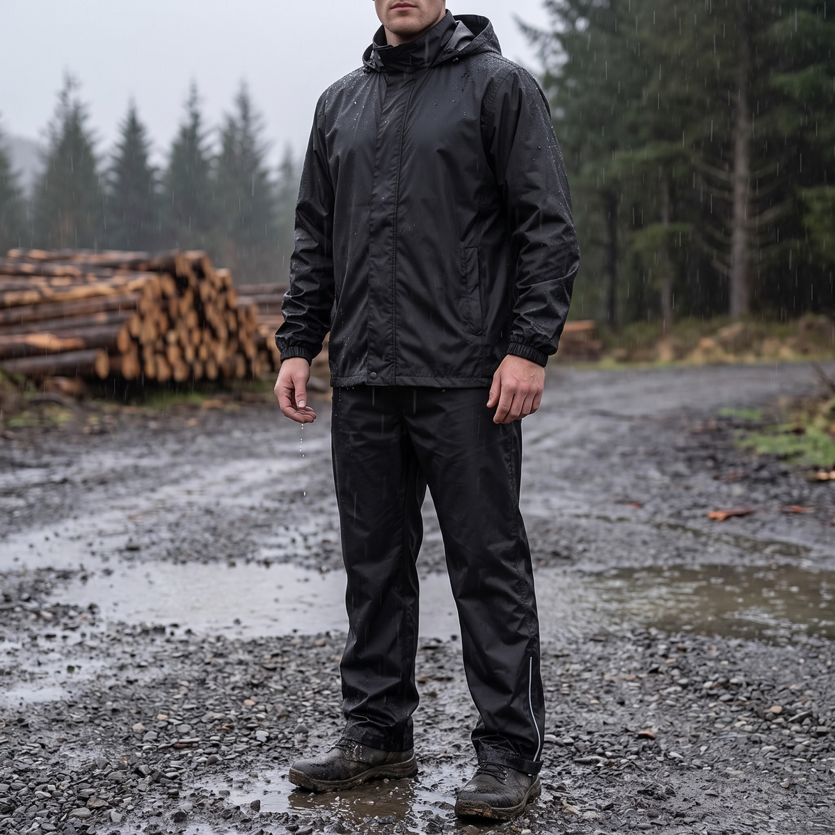 Mann im schwarzen Regenanzug aus Jacke und Hose bei starkem Regen auf einem Forstweg
