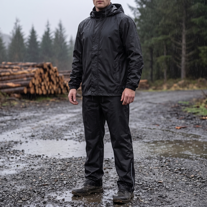 Mann im schwarzen Regenanzug aus Jacke und Hose bei starkem Regen auf einem Forstweg