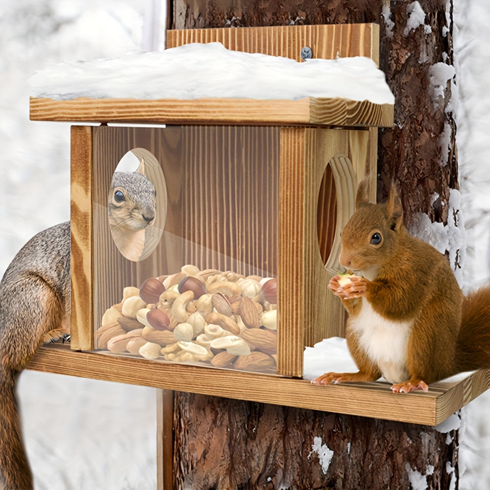 Eichhörnchen Futterhaus Holz - Mit Sichtfenster & zwei Öffnungen