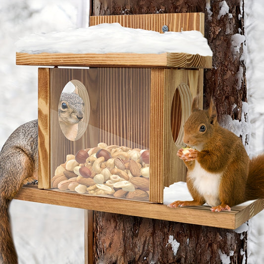 Eichhörnchen Futterhaus Holz - Mit Sichtfenster & zwei Öffnungen