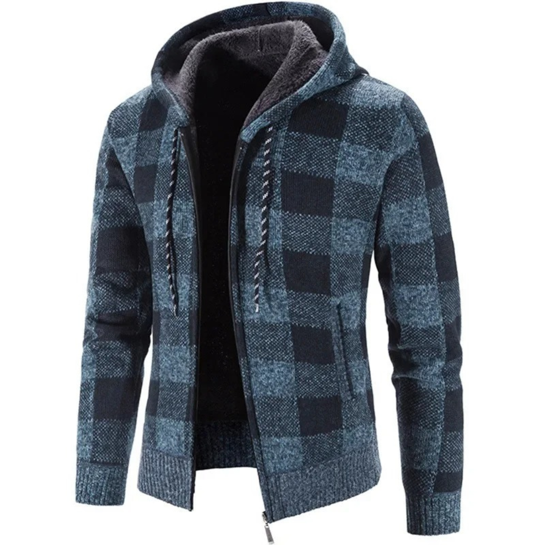 Strickjacke Herren mit Kapuze - Karo-Design - Warmes Fleecefutter