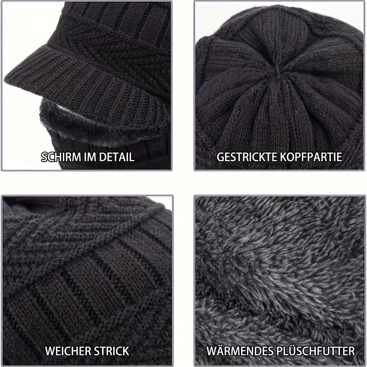 Detailansichten der Balaclava: Schirm, gestrickte Kopfpartie, weicher Strick und Plüschfutter