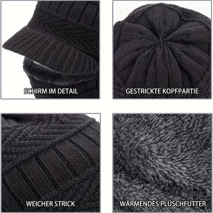 Detailansichten der Balaclava: Schirm, gestrickte Kopfpartie, weicher Strick und Plüschfutter