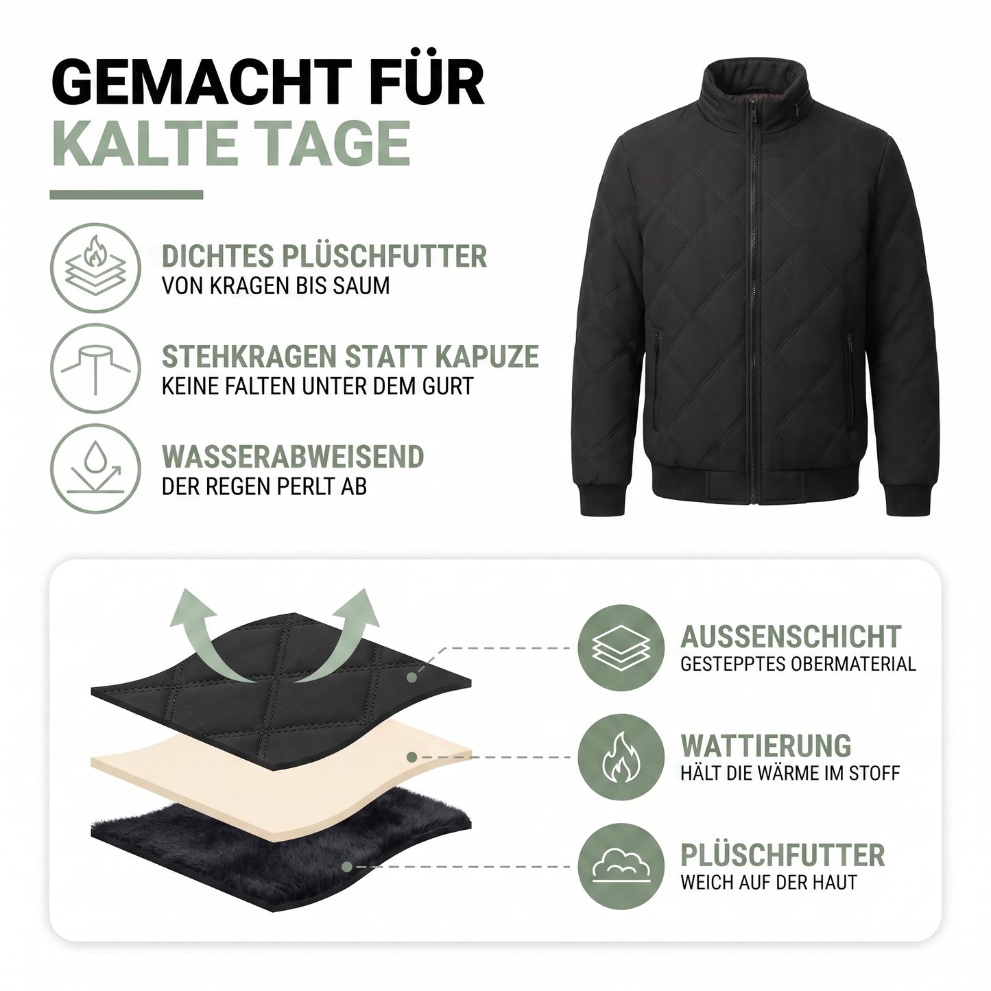Steppjacke Herren gefüttert - Stehkragen - Rautensteppung