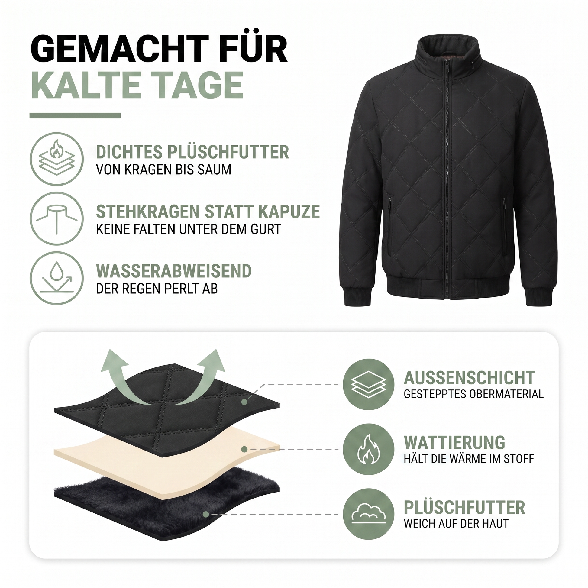 Steppjacke Herren gefüttert - Stehkragen - Rautensteppung