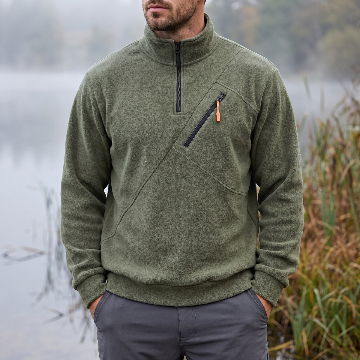 Fleecepullover Herren Olivgrün mit Half-Zip und Stehkragen am nebligen Seeufer getragen