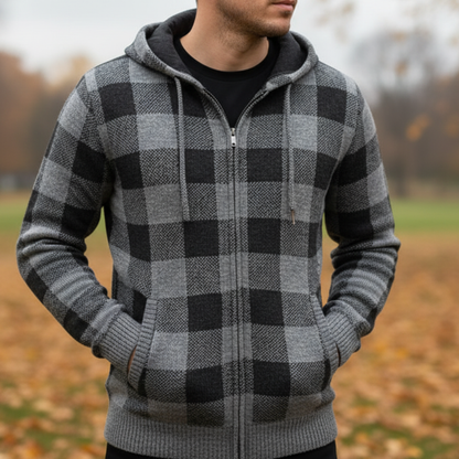 Strickjacke Herren mit Kapuze - Karo-Design - Warmes Fleecefutter