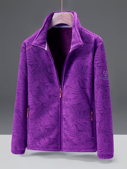 Fleecejacke Damen mit Stehkragen - Blätter-Print - Zwei Reißverschlusstaschen
