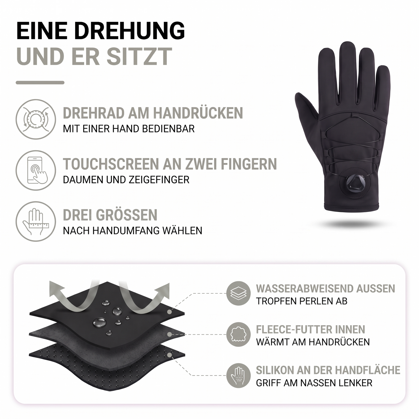 Aufbau der Fahrradhandschuhe: wasserabweisendes Obermaterial, Fleece-Futter und Silikongriff an der Handfläche
