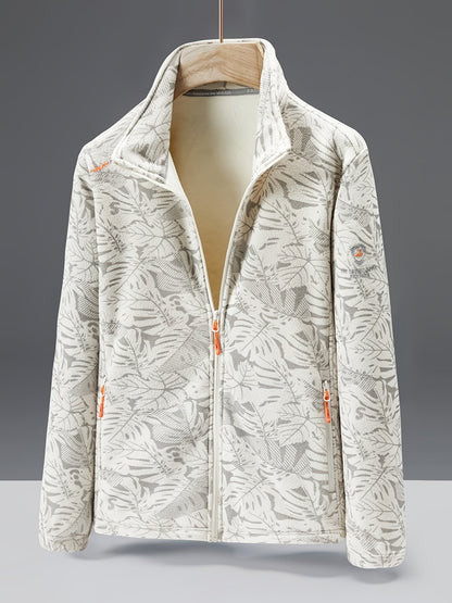 Fleecejacke Damen mit Stehkragen - Blätter-Print - Zwei Reißverschlusstaschen
