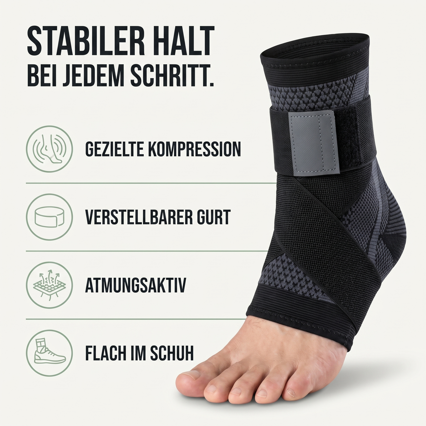 Sprunggelenkbandage - Verstellbarer Kompressionsriemen - Atmungsaktives Strickgewebe - Hauptvorteile auf einen Blick