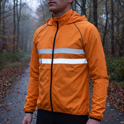 Fahrradjacke Herren reflektierend in Orange auf einem nassen Waldweg in der Dämmerung getragen