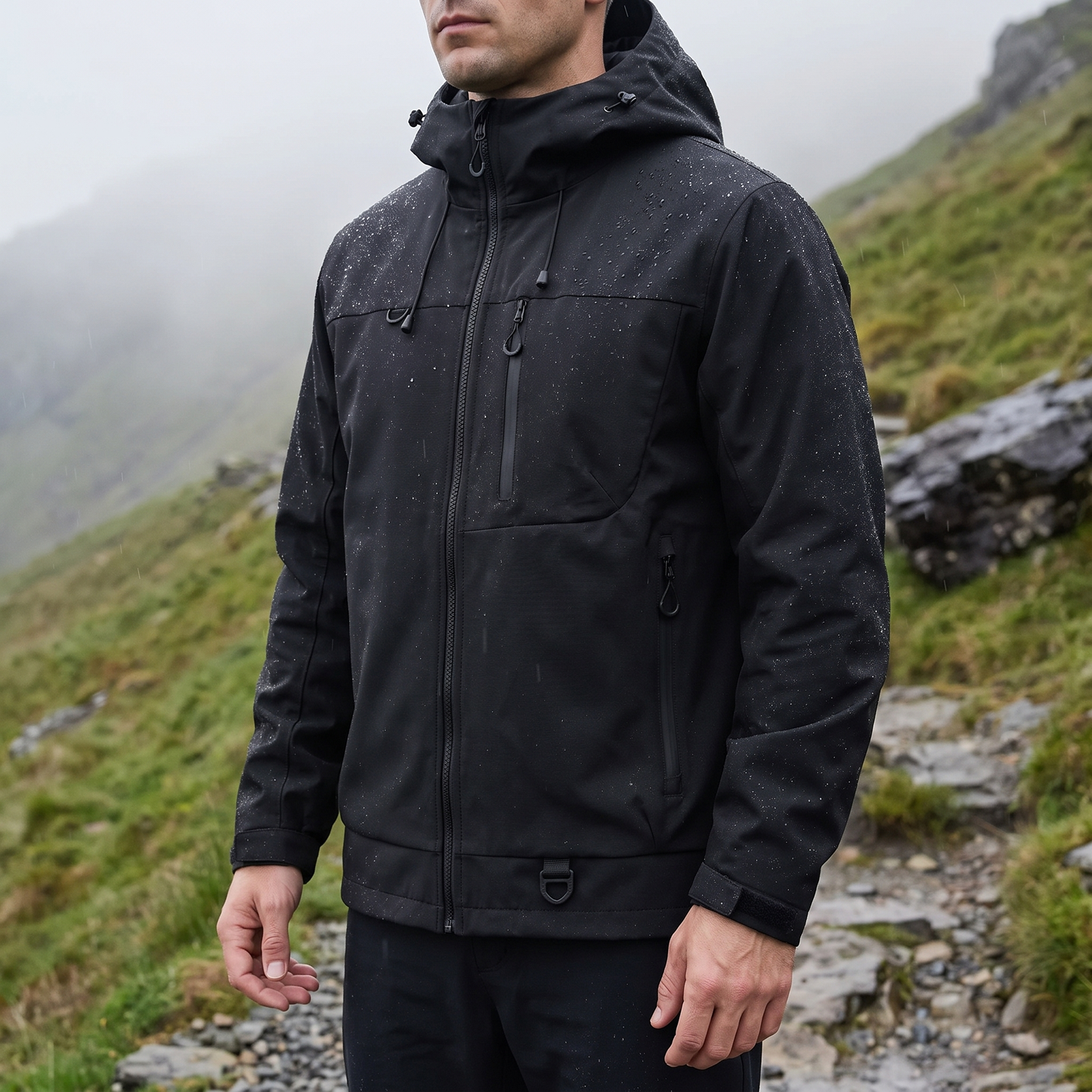 Mann trägt schwarze Outdoorjacke im Nieselregen am Berghang, Tropfen perlen ab
