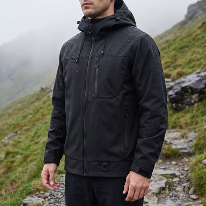 Mann trägt schwarze Outdoorjacke im Nieselregen am Berghang, Tropfen perlen ab