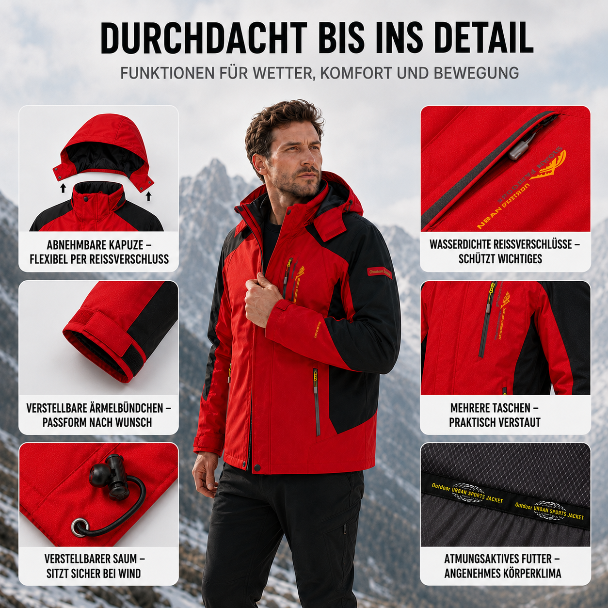 Übergangsjacke Herren - Wasserdicht & Winddicht - Abnehmbare Kapuze