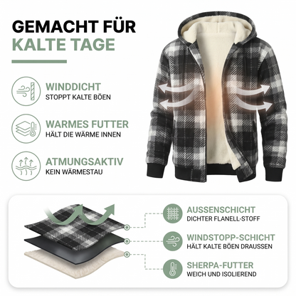 Karo-Jacke Herren schwarz-weiß mit Sherpa-Kapuze – warm und winddicht
