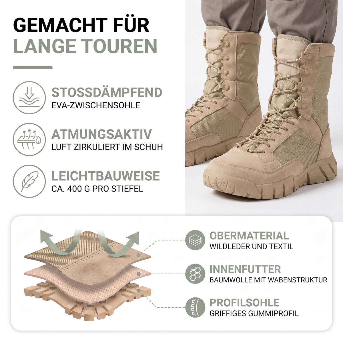 Materialaufbau der Wanderschuhe für Herren: Wildleder und Textil, Baumwollfutter und Profilsohle