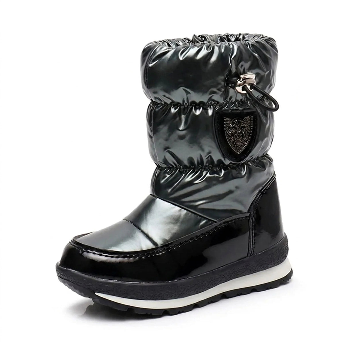 Kinder Schneestiefel in Anthrazit von der Seite mit Zierschild am Schaft