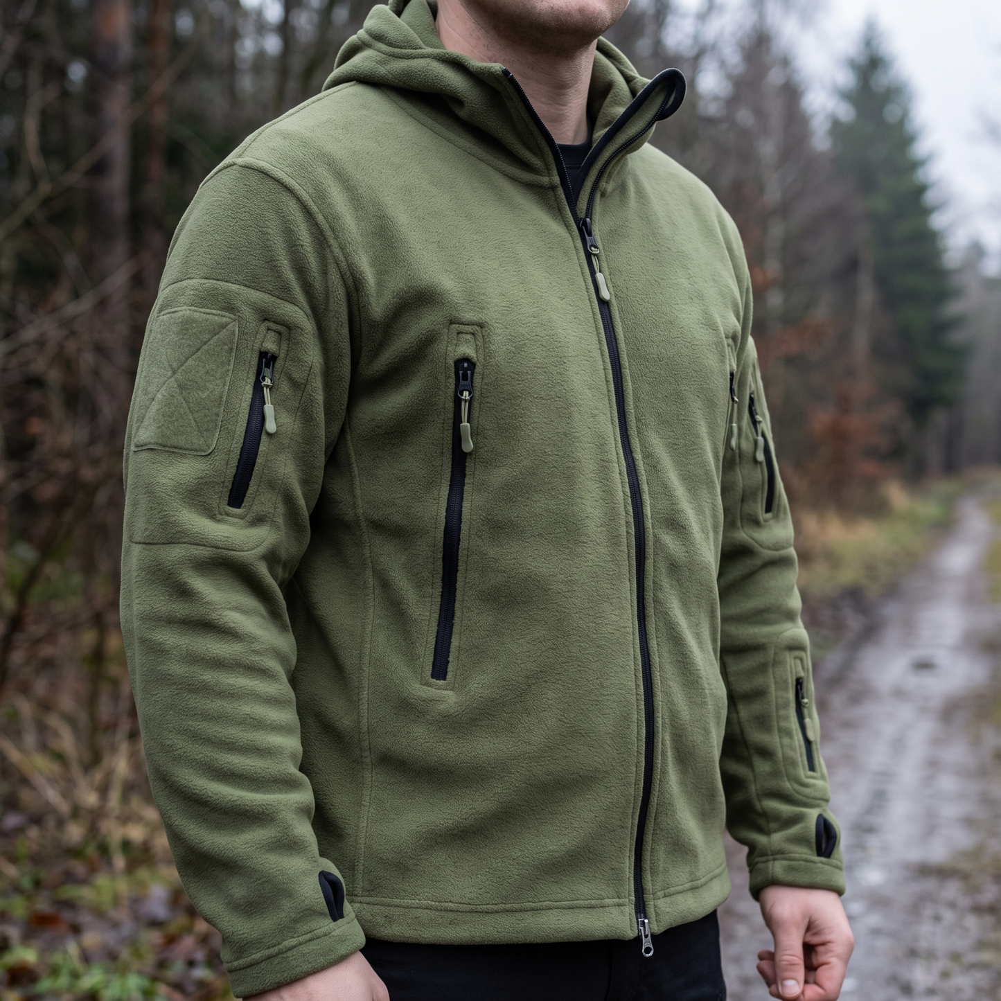 Mann in der olivgrünen taktischen Fleecejacke am Waldweg, Ärmeltasche und Klettfläche sichtbar