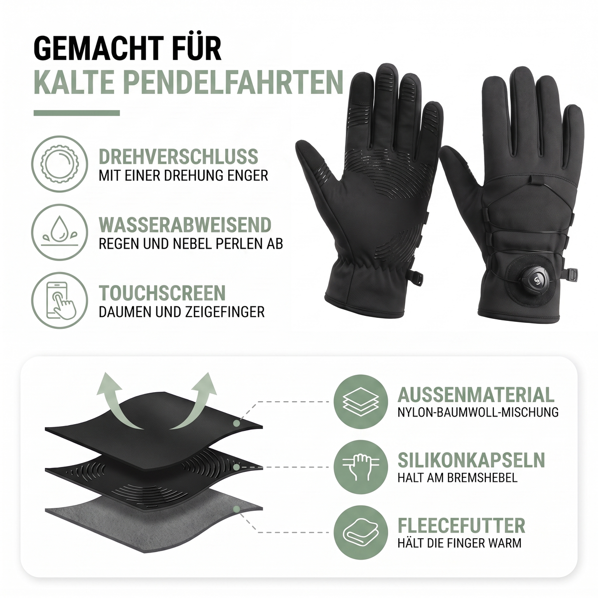 Aufbau der Fahrradhandschuhe: Nylon-Baumwoll-Außenmaterial, Silikonkapseln und Fleecefutter