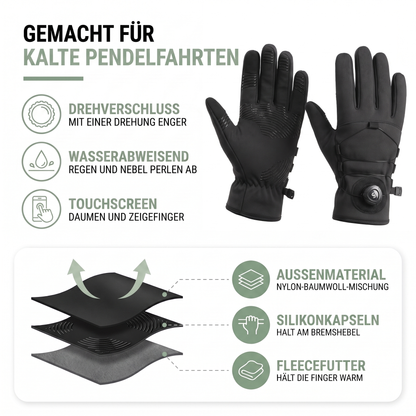 Aufbau der Fahrradhandschuhe: Nylon-Baumwoll-Außenmaterial, Silikonkapseln und Fleecefutter