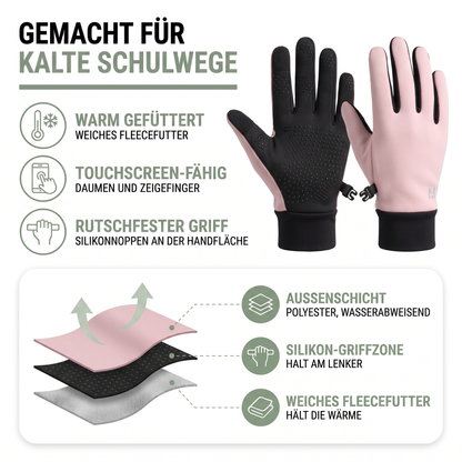 Aufbau der Kinderhandschuhe: wasserabweisendes Polyester, Silikon-Griffzone und weiches Fleecefutter