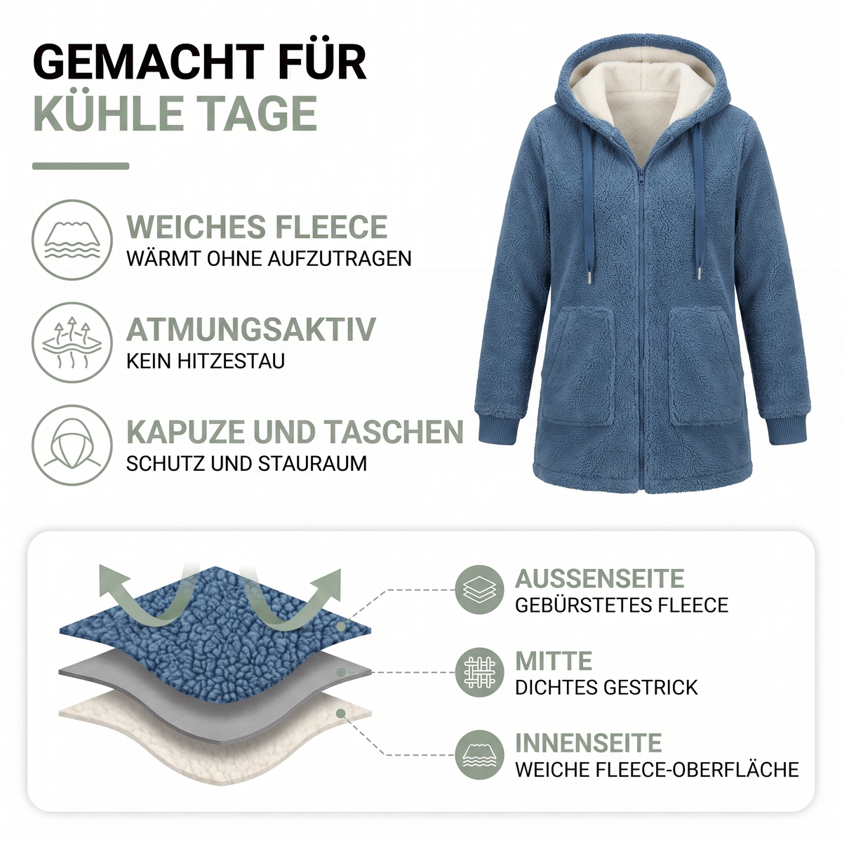 Damen Fleecejacke mit Kapuze & Taschen – CozyWarm Birgitta