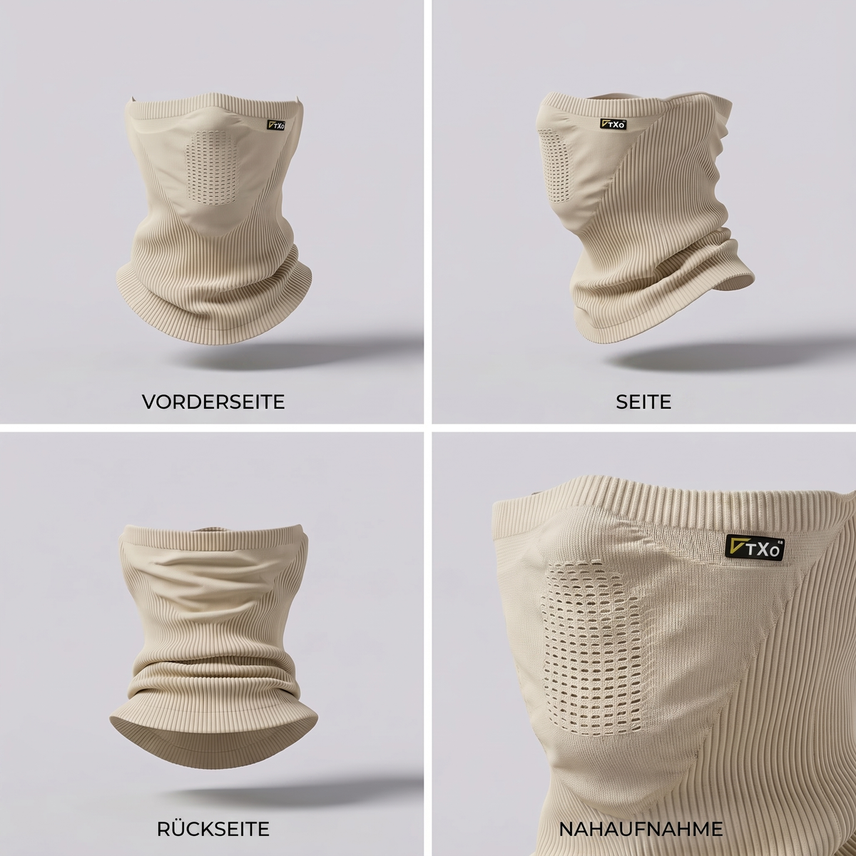 Schlauchschal in Sandbeige von vorn, von der Seite, von hinten und in der Nahaufnahme