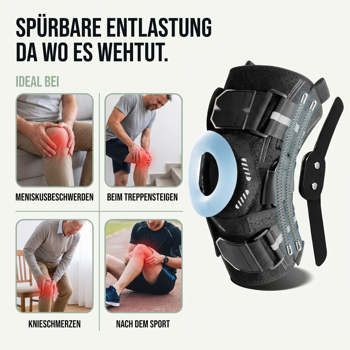 Kniebandage - Federstützen für Meniskus-Halt - Silikon-Patellakissen - Ideal bei diesen Beschwerden