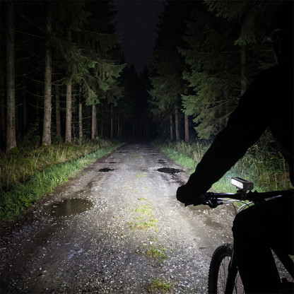 Fahrradlicht leuchtet nachts die volle Breite eines Waldwegs aus