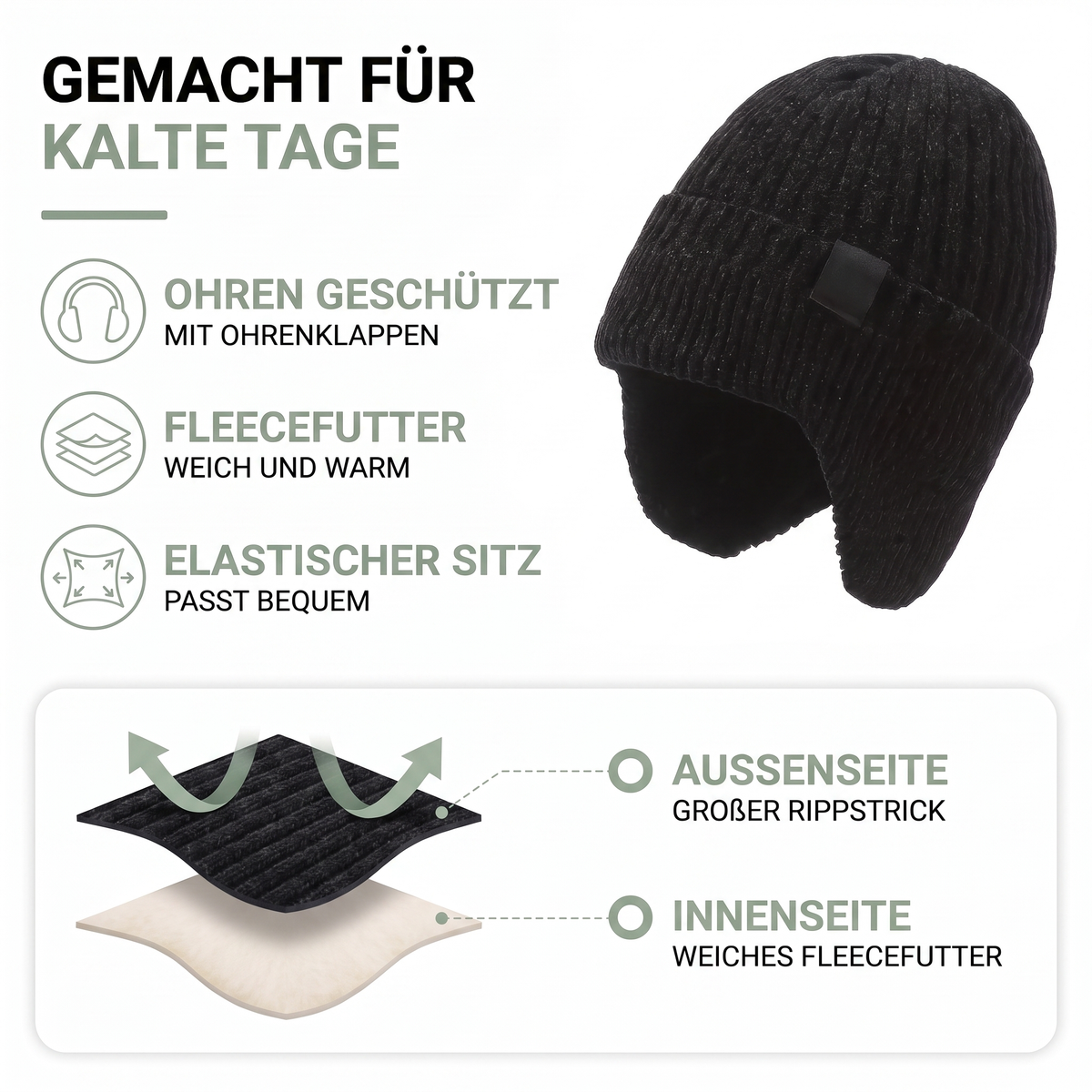 Wintermütze Herren mit Ohrenklappen - Fleecefutter - warm