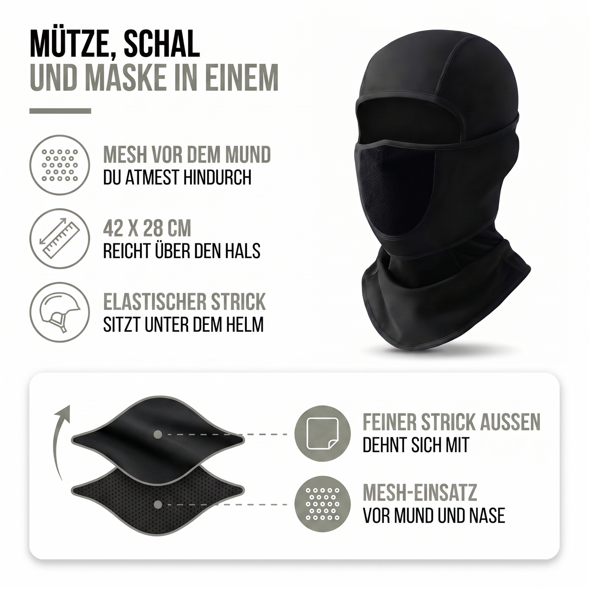 Aufbau der Sturmhaube: Mesh vor dem Mund, 42 x 28 cm, elastischer Strick unter dem Helm