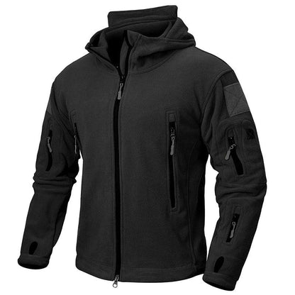 Taktische Fleecejacke in Schwarz mit Stehkragen und Kapuze