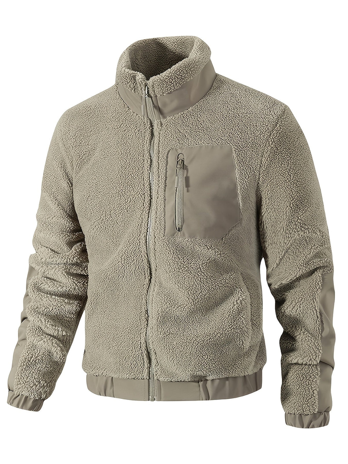 Sherpajacke in Taupe mit Stehkragen von vorn