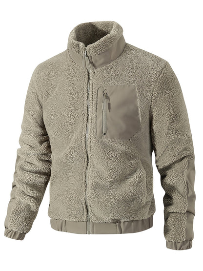 Sherpajacke in Taupe mit Stehkragen von vorn